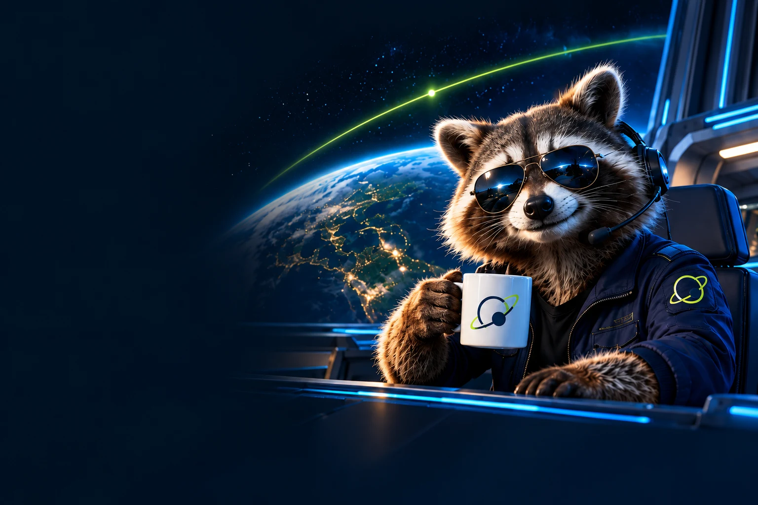 A raccoon mission controller in sunglasses, headset and a navy flight jacket, enjoying coffee above Earth.